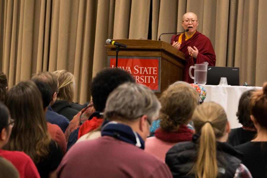 Tibetan Buddhist nun Ven. Yuan Hao speaks in Memorial Union Sun Room Jan. 23. Her lecture focused on how to find happiness in our hectic world. 