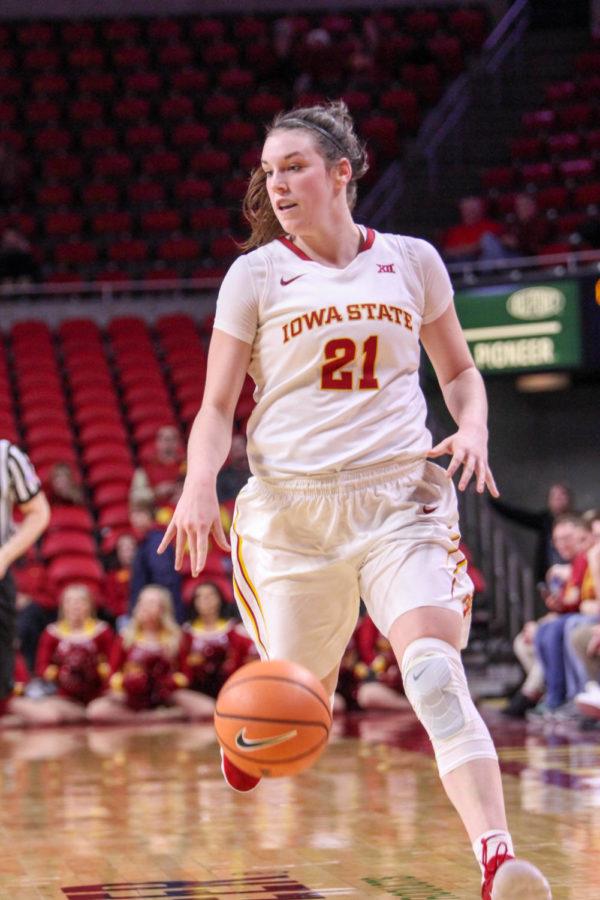 Junior Bridget Carleton making her way into Bears territory during the game against Baylor on Jan. 17 at the Hilton Coliseum. 