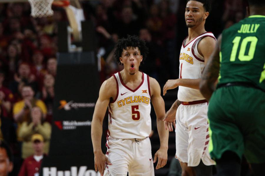 Iowa State guard Lindell Wigginton celebrates a three-pointer during the Cyclones 75-65 win against Baylor at Hilton Coliseum on Jan. 13, 2018. Wigginton had his first career 30-point game and made a career-high five three-pointers.