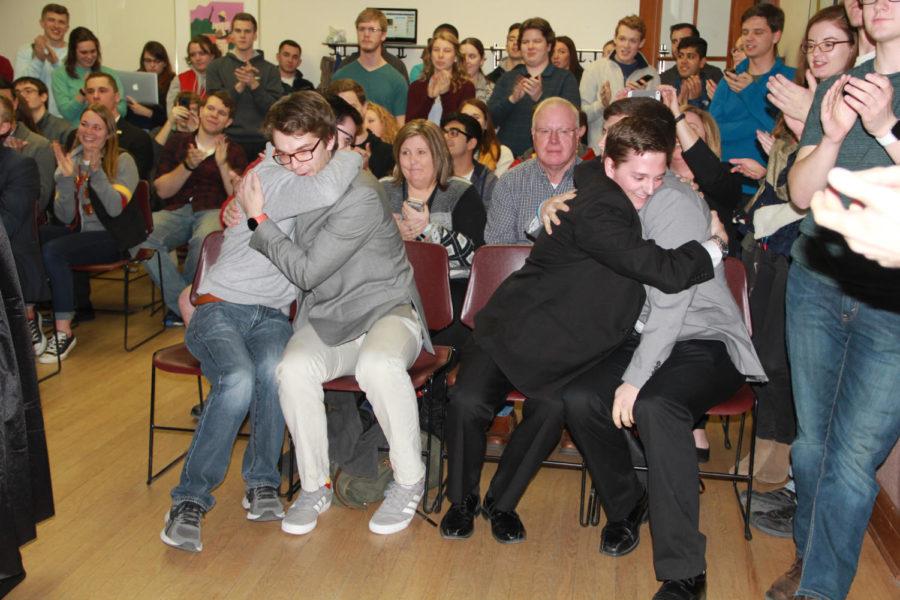 Cody Smith and Cody West (right) embrace after being announced winners of the Student Government election. 
