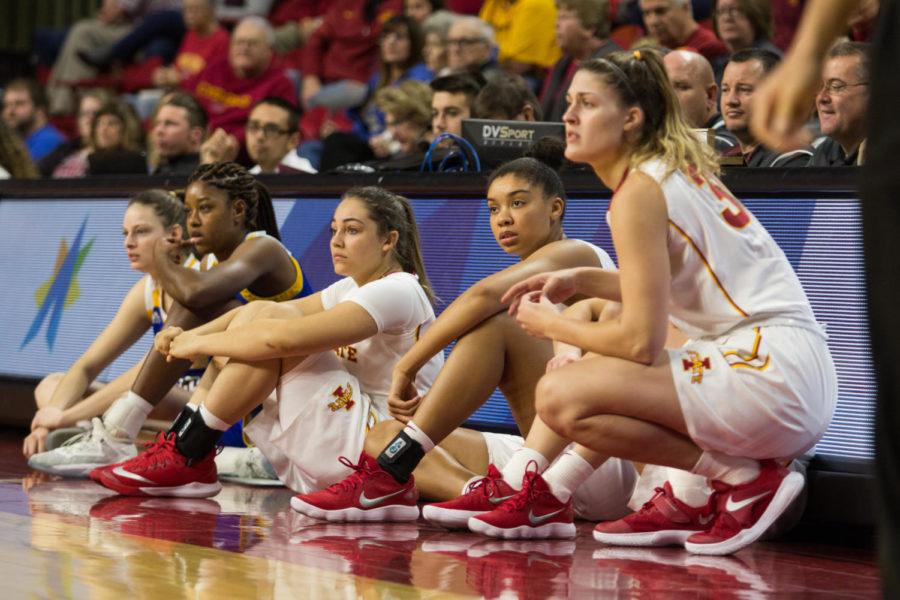 Members of the Iowa State Basketball Team wait on the sidelines to go back in during the Iowa State Vs UC Riverside basketball game Dec 17. The Cyclones Defeated Riverside 89-66