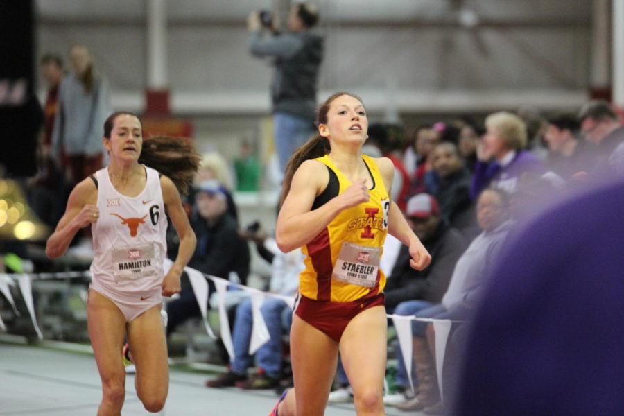 Sophomore+Jasmine+Stabler+runs+in+the+womens+800-meter+Feb.+24+during+the+Big+12+Track+and+Field+meet.+Stabler+came+in+4th+with+a+time+of+2%3A08.23.%C2%A0
