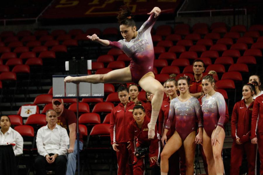 Iowa State senior Briana Ledesma performs on the floor routine during the Cyclones 195.275-191.050 win over Texas Womens. 