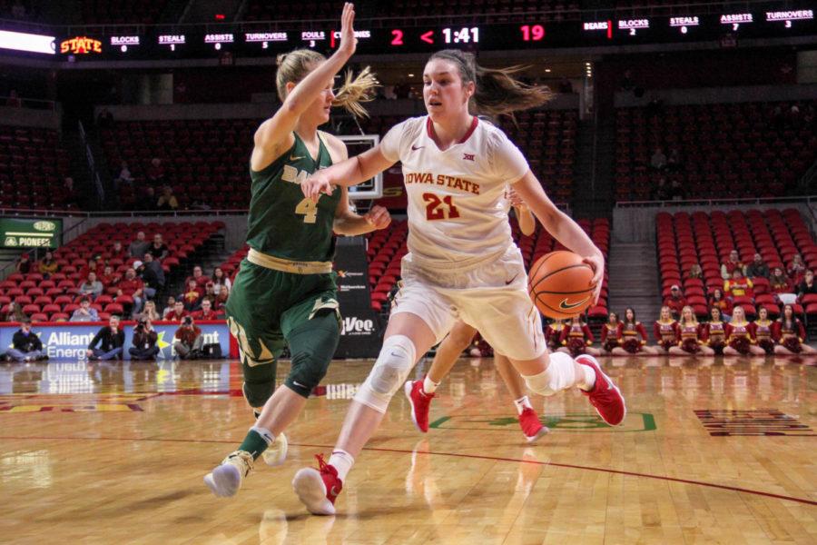 Then junior Bridget Carleton making her way into Bears territory during the game against Baylor on Jan. 17 at the Hilton Coliseum. 