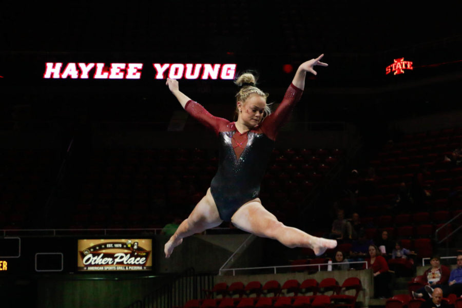 Haylee Young performs her beam routine during Iowa States tri-meet against Illinois State and Gustavus Adolphus on Feb. 17. Young scored 9.850 on her routine en route to an Iowa State victory. 