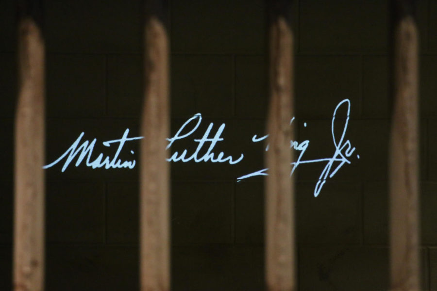 An exhibit in the National Civil Rights Museum illuminates Martin Luther King Jr.s signature on a prison wall. The museum, which is housed at the Lorraine Motel, where King was shot, is located in Memphis, Tennessee.