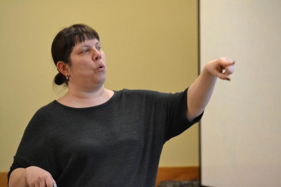 Dr. Allissa Stoehr, a sociology lecturer, presents The Realities of Human Trafficking in UDCC 136 March 6. Stoehr presented information on laws and resources in Iowa about issues pertaining to human trafficking. 