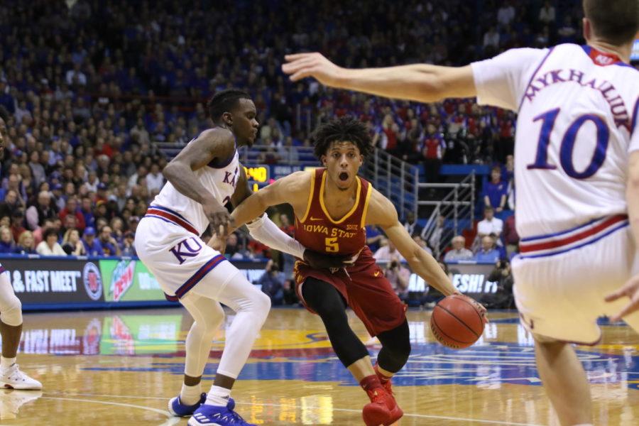 Iowa State freshman Lindell Wigginton drives toward the basket during the first half against Kansas in Allen Fieldhouse. Wigginton scored 27 in the loss.