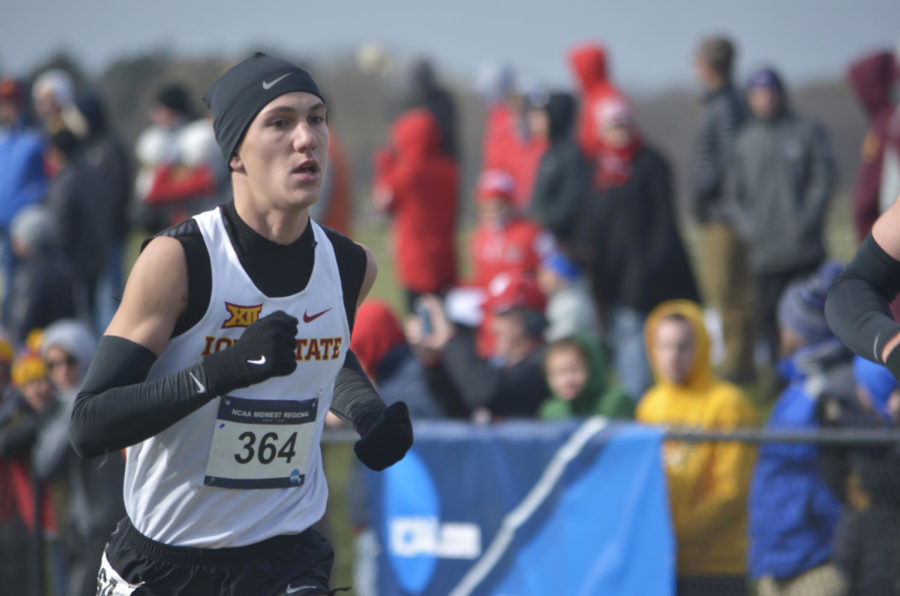Iowa State distance runner Thomas Pollard nears the finish after running a 10k during the NCAA Cross Country Midwest Regional held at Iowa State on Nov. 10, 2017. Pollard placed 47th overall for the mens division with a time of 30:07.24. The mens team placed first overall with a score of 69.