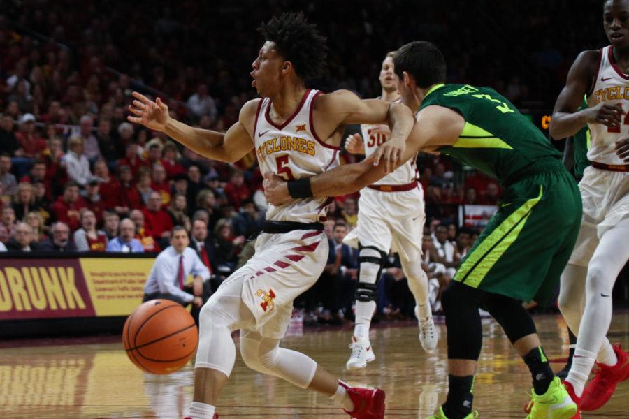 Baylor's Jake Lindsey trips up Iowa State guard Lindell Wigginton during the Cyclones' 75-65 win at Hilton Coliseum on Jan. 13, 2018. Wigginton had his first career 30-point game and made a career-high five three-pointers.