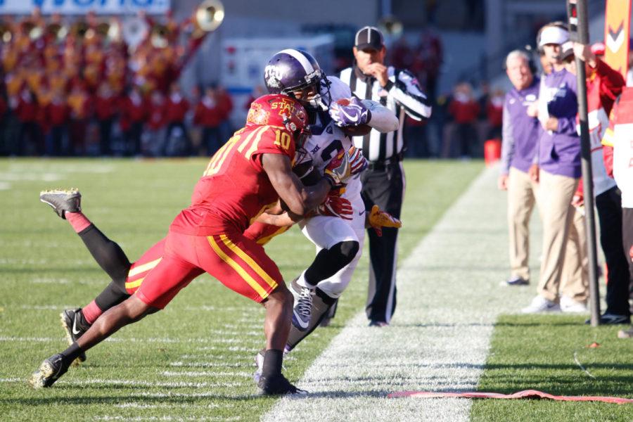 Brian Peavy knocks TCU running back out of bounds during the Cyclones 14-7 win over No. 4 TCU. 