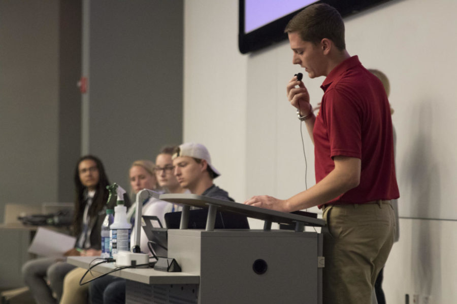 Student Body Vice President Cody Smith gives a short introduction before the Campus Climate town hall on Sept. 26.