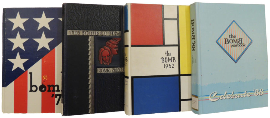 A selection of Iowa State’s Bomb yearbooks. These books are available in the Library and on the Library’s Digital Collections website.