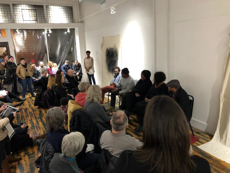 People+gather+in%C2%A0the+Octagon+Center+for+the+Arts+Feb.+22%C2%A0+for+an+artist+panel+and+discussion+on+people+of+color+in+the+arts.+the+panelists+were+Iowa+State+Professors+Brenda+Jones%2C%C2%A0Mitchell+Squire%2C+Eulanda+Sanders%2C+and+Cameron+Gray%2C+The+discussion+was+facilitated+by+Iowa+State+Vice+President+for+Diversity+and+Inclusion+Dr.+Reginald+Stewart.