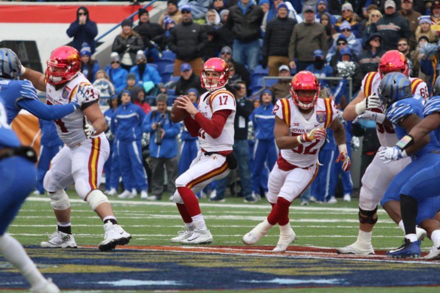 Iowa State senior Kyle Kempt looks downfield for an open receiver during the first half of the AutoZone Liberty Bowl in Memphis.