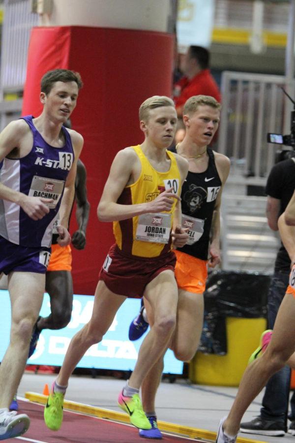 Freshman Andrew Jordan runs in the Mens 5000 Meter Feb 24th during the Big 12 Track and Field Meet. Jordan came in 4th with a time of 14:25.63