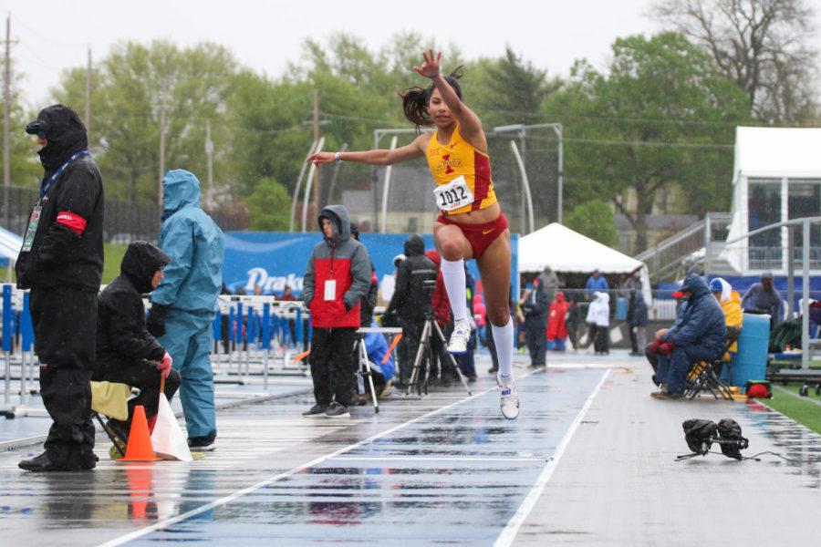 Iowa State junior Jhoanmy Luque competes in the womens triple jump at the Drake Relays in Des Moines April 29, 2017. Luque finished second with a best jump of 13.12 meters, behind Tori Franklin, who competed unattached. 