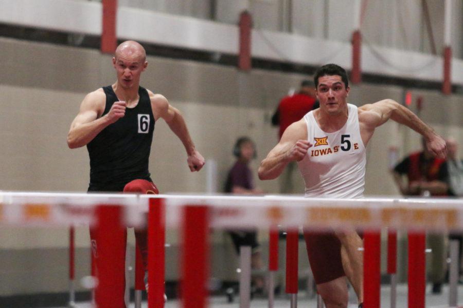 Iowa State hurdlers Taylor Sanderson (left) and Logan Schneider (right) compete in the 60-meter hurdles at the Iowa State Classic on Feb. 9, 2018. Sanderson finished with a time of 8.20 seconds and Schneider finished with a time of 8.11 seconds.