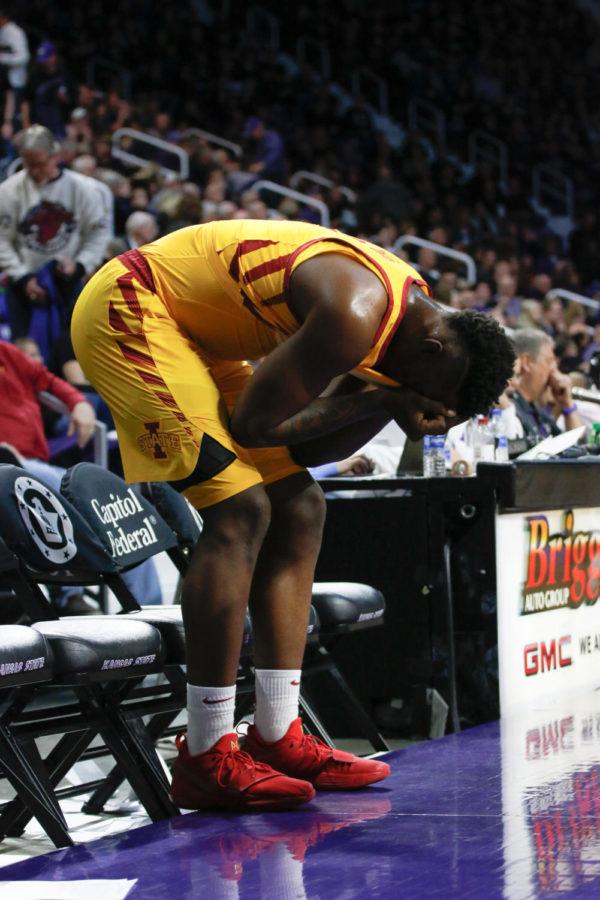 Iowa State redshirt freshman Cameron Lard bends over in frustration towards the end of the Cyclones 78-66 loss to Kansas State. 
