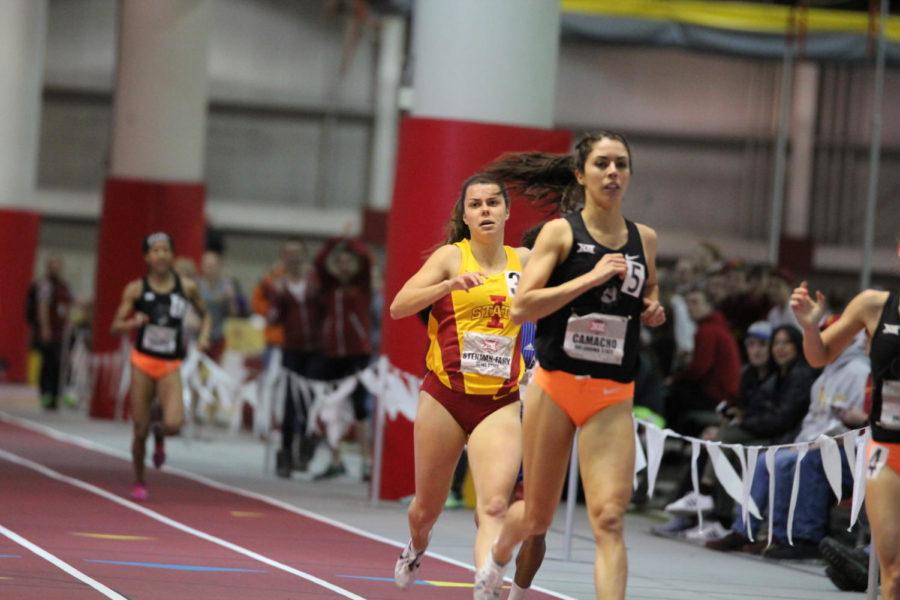 Sophomore Erinn Stenman-Fahey runs in the womens 800-meter Feb 24. during the Big 12 Track and Field meet. Stenman-Fahey came in fifth with a time of 2:08.40. 