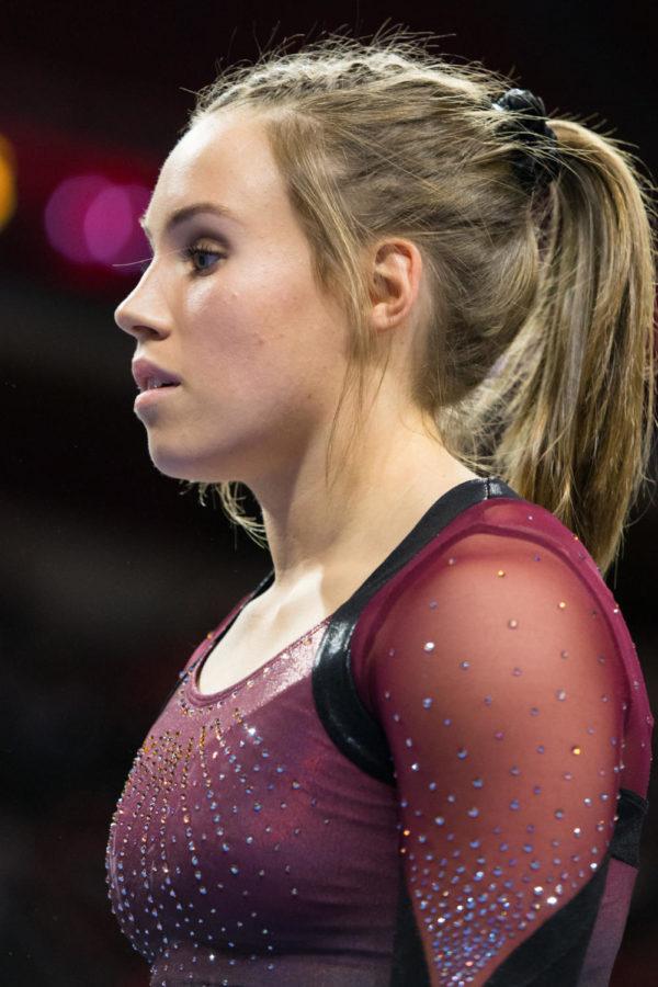 Iowa State Senior Kelsey Paz takes a moment to concentrate before starting her bars routine during the Quad Meet against Yale, West Virginia and Northern Illinois Feb. 2. The Cyclones won the meet with their highest team score of the season with a total of 196.200 Points.