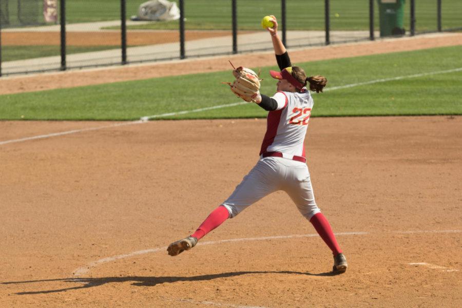 Sophomore Pitcher Savannah Sanders winds up for the pitch Sep. 23. The Cyclones defeated the Kirkwood Eagles 9-1.