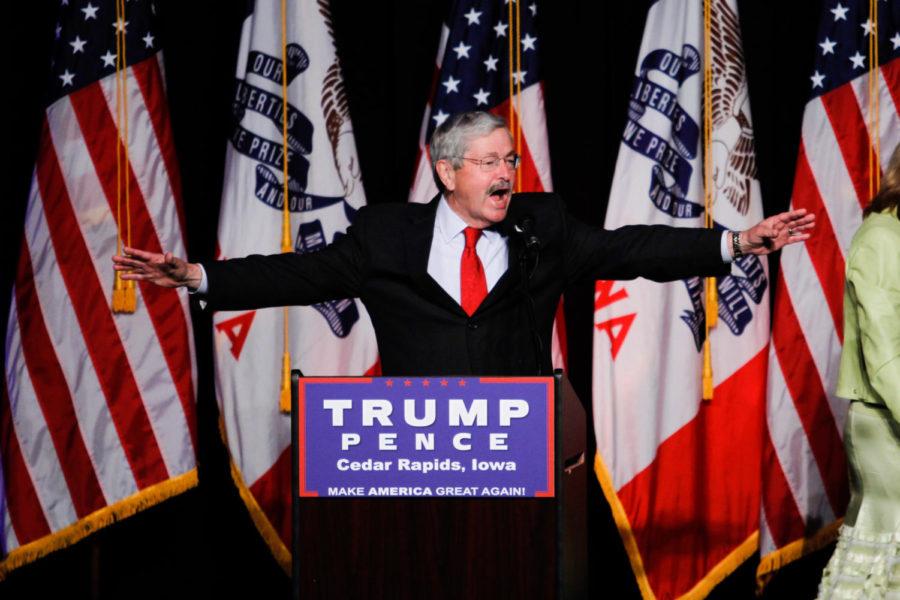 Gov. Terry Branstad speaks to a crowd of more than two thousand during a Donald Trump event, July 28 in Cedar Rapids. Branstad, a supporter of Trump, was confident that Trump would win Iowa, based on the number of working class citizens in the state.