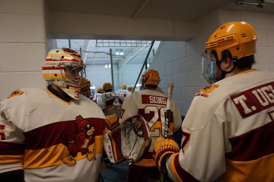 Before the second period begins, senior Matt Goedeke fist bumps each player before going onto the ice. This leads the cyclones to a 4-2 win against the bears.