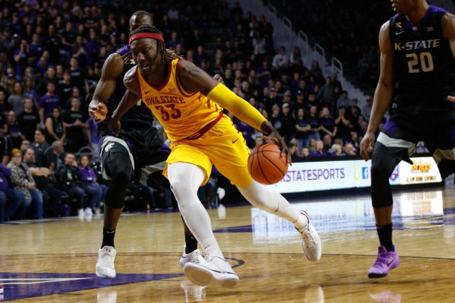 Iowa State sophomore Solomon Young drives to the hoop during the Cyclones 78-66 to Kansas State. Young finished his afternoon with eight points. 