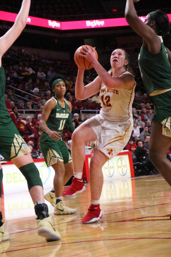 Junior Bride Kennedy-hopoate going in for a shot against the Baylor Bears on Jan. 17 at the Hilton Coliseum. 
