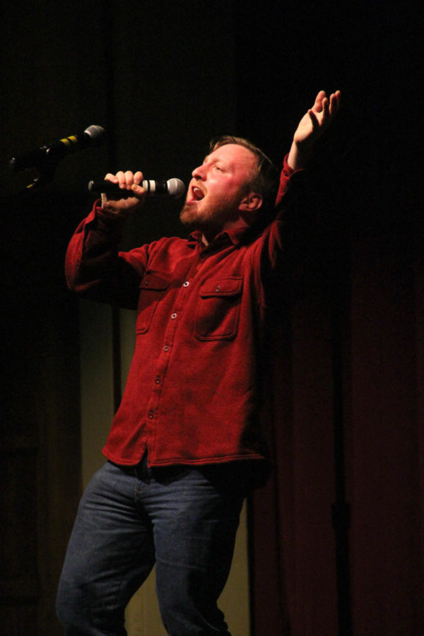 Student Aarron Eckley performing the song Faithful by Journey on the first night of the Varieties Semi-Finals on Feb. 9 at the Memorial Union.