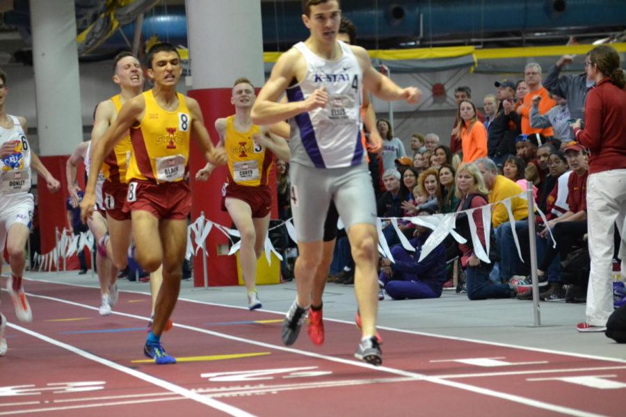 Freshman Zach Black strides out at the finish line during the Big 12 Conference final of the 1000m. Black finished 4th overall with a time of 2:23.91 edging out his fellow cyclones. Senior Christian DeLago finished 5th with a time of 2:24.18 and Sophomore Dan Curts dinished 7th with a time of 2:24.95.