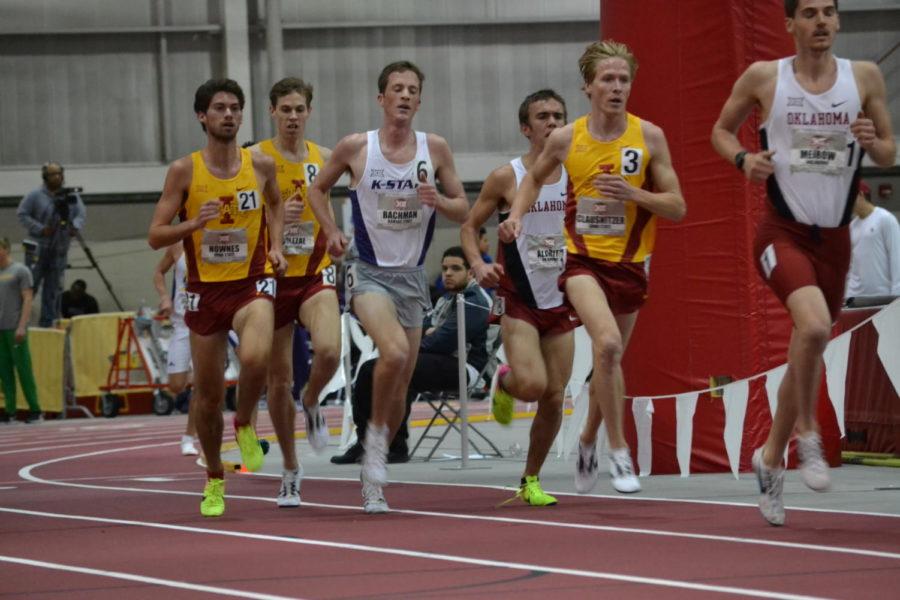 Freshman Cyclone trio, Sam Clausnitzer, Greyson Dolezal, and John Nownes, run in the 1000 meters during the Big 12 Conference Meet in Lied Rec Facility Feb. 25. Clausnitzer finished 16th overall with a time of 8:27.84. Dolezal finshed 18th with a time of  8:29.01. Nownes finshed 20th with a time of 8:30.12.