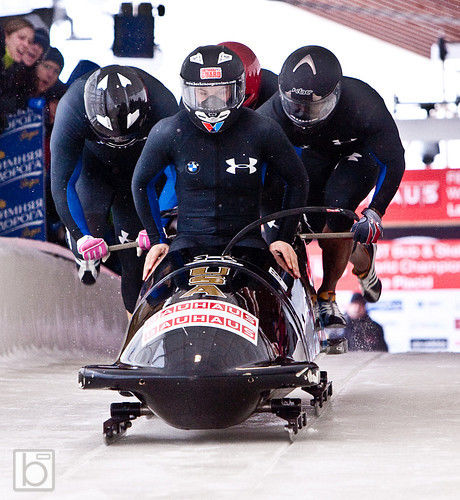 Jesse Beckom's bobsleigh team competing in the 2012 FIBT Bobsled World Championships in Lake Placid, N.Y. 
