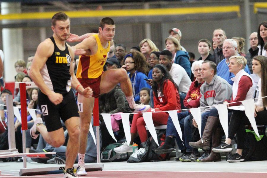 Iowa State sophomore Wyatt Rhoads runs in the mens 60 meter hurdles prelims in February of 2017. Rhoads had a time of 8.67.