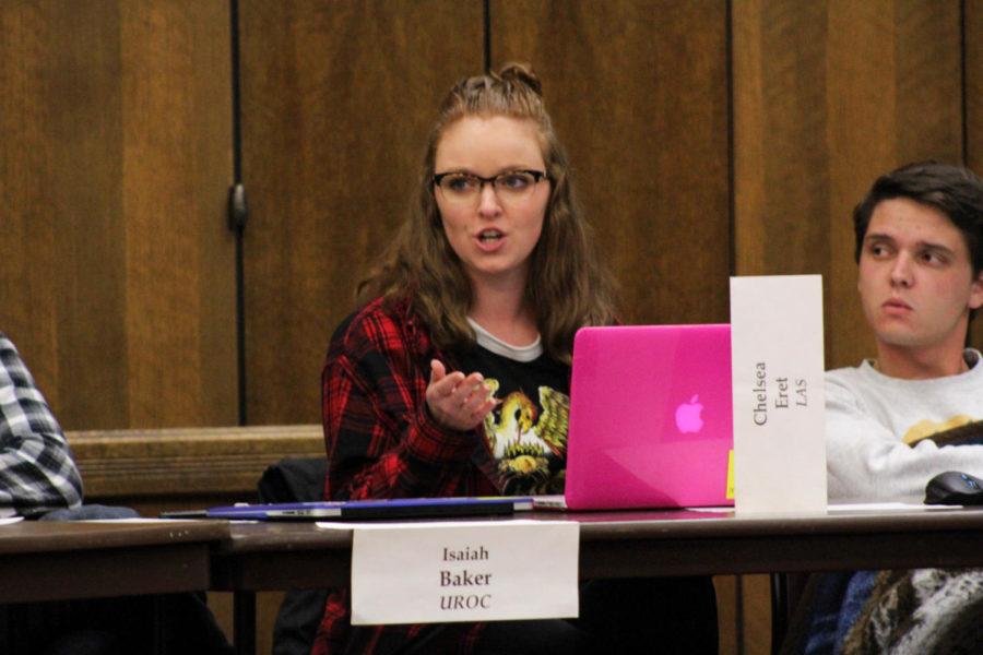 Senator Chelsea Eret speaking during a Student Government meeting about a funding decision for the Student Union Board on Nov. 29 at the Memorial Union.