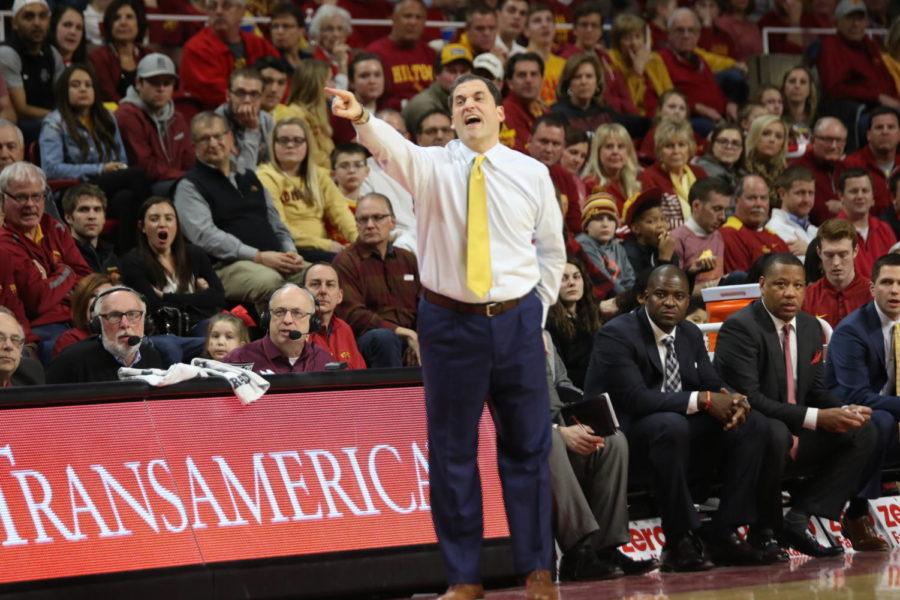 Iowa State head coach Steve Prohm shouts instructions during the first half of the game against Kansas on Feb. 13.
