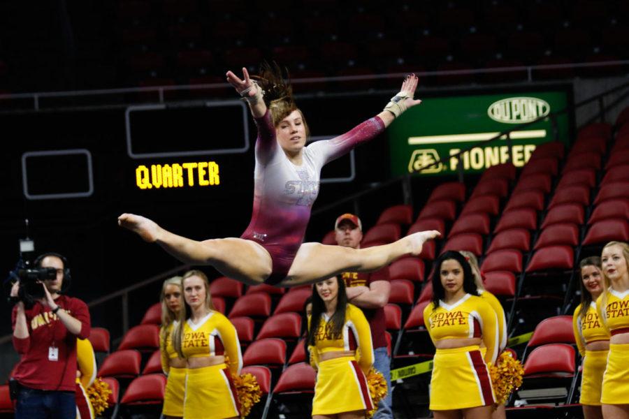 Iowa State senior Kelsey Paz performs on the floor exercise. Paz and the Cyclones defeated Texas Womens 195.275-191.050. 