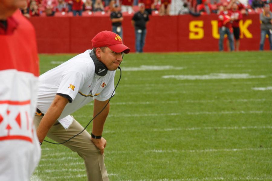 Head+coach+Matt+Campbell+watches+the+final+play%C2%A0during+a+game+against+the+Baylor+Bears%2C+Oct.+1+in+Jack+Trice+Stadium.+The+Cyclones+would+go+on+to+lose+45-42.