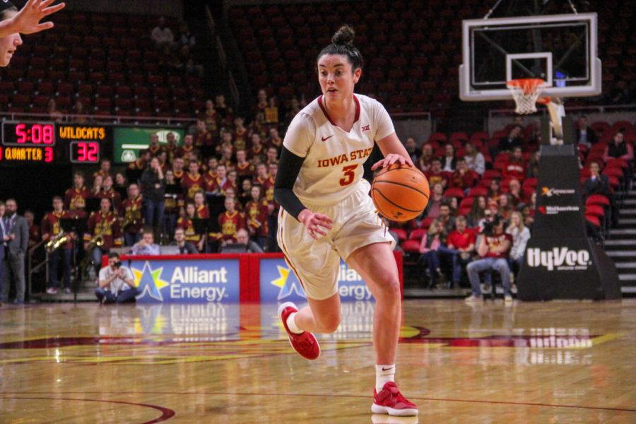 Senior Emily Durr making her way into Wildcat territory during their game against Kansas State on Jan. 10 at the Hilton Coliseum.