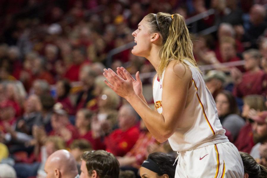 Redshirt Junior Forward Claire Ricketts cheers after a shot during the Iowa State Vs UC Riverside basketball game Dec 17. The Cyclones Defeated Riverside 89-66