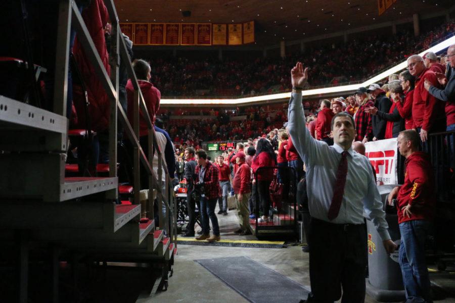 Iowa State head coach Steve Prohm waves to the crowd following Iowa States 75-65 win over Baylor at Hilton Coliseum on Jan. 13, 2018.
