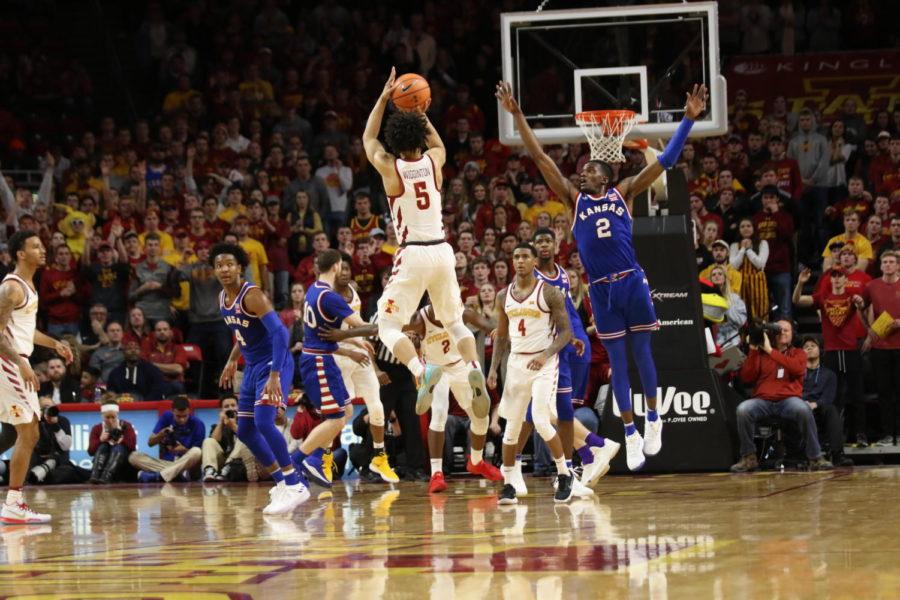 Iowa State freshman Lindell Wigginton takes a three point jumper in the final minutes of the Cyclones 83-77 loss to Kansas.