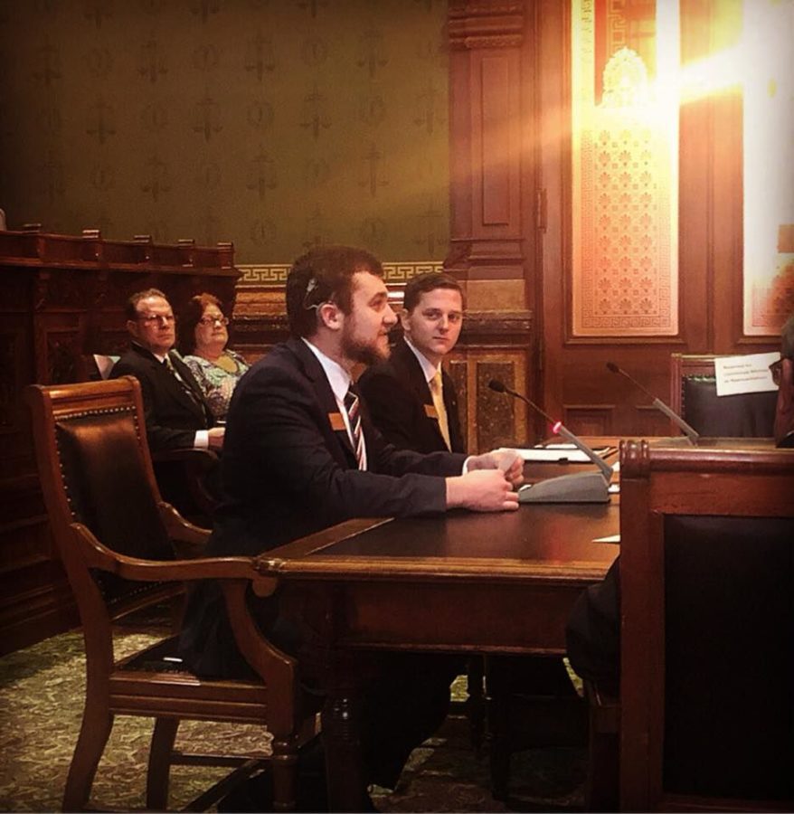 Student Government Senior Director of Governmental Affairs Kody Olson and Vice President Cody Smith address legislators about higher education funding on Feb. 19, 2018.