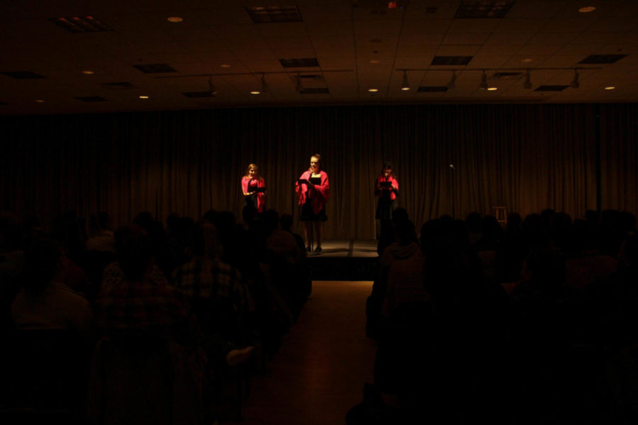 Students Megan Frisvold, Olivia Lehman and Molly Zenk performing the intro in the Vagina Monologues on Feb. 15 at the Memorial Union.