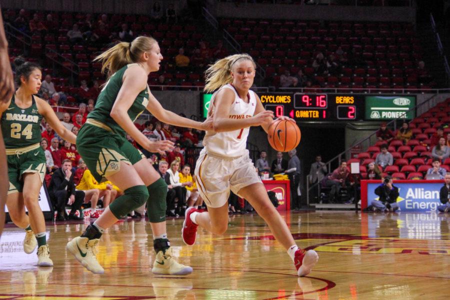 Freshman Madison Wise making her way down the court during their game against Baylor on Jan. 17 at the Hilton Coliseum.