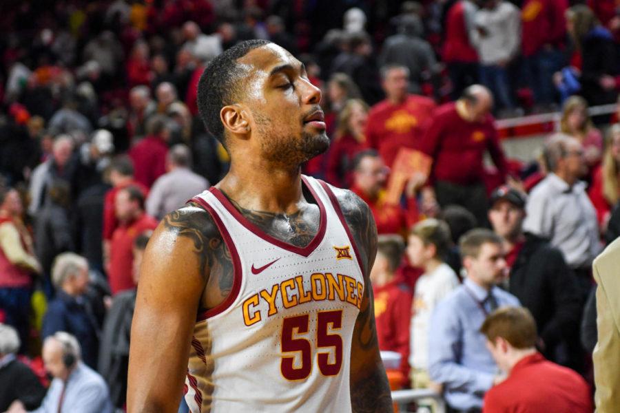 Senior Jeff Beverly takes a deep breath after their game against TCU on Feb. 21 at the Hilton Coliseum.