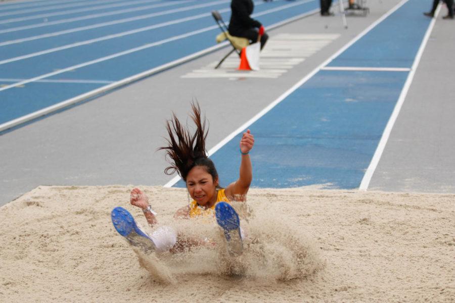 Iowa State junior Jhoanmy Luque lands during the triple jump at the Drake Relays on April 29. Luque's jump of 43-0 1/2 landed her in second place behind Tori Franklin, who competed unattached.