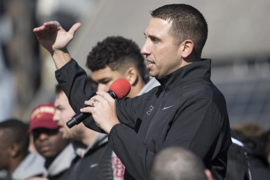 Iowa State head coach Matt Campbell thanks the crowd during the Cyclone Spirit Rally in Memphis.