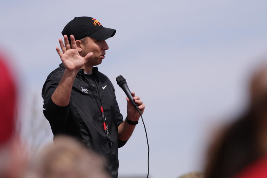 Iowa State head football coach Matt Campbell addresses fans outside of Jack Trice Stadium in preparation for the Spring football game on April 8, 2017.